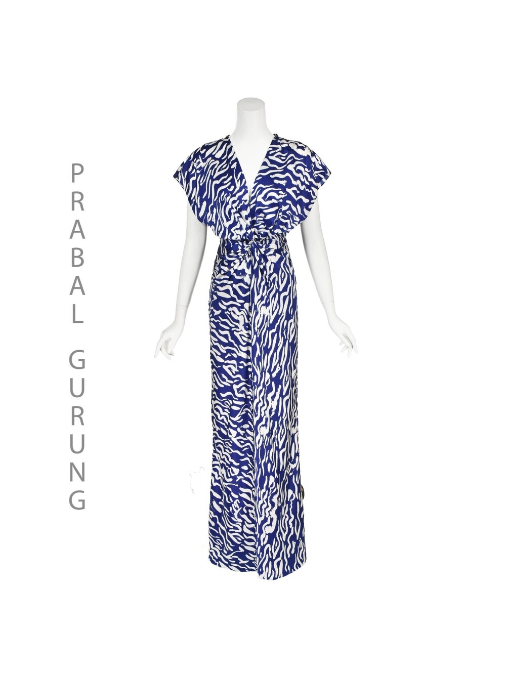 PRABAL GURUNG c. 2019 Blue & White Silk Charmeuse Animal Print Maxi Dress, SZ 4